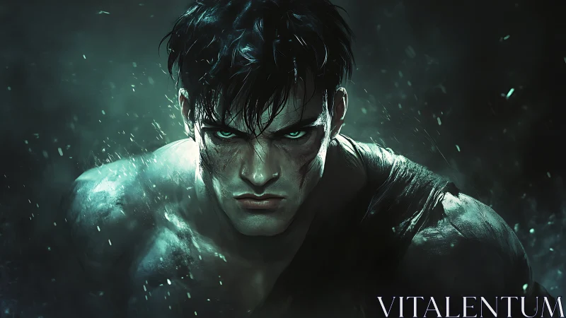 Brooding warrior emerges through teal shards of darkness.