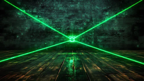 Futuristic Green Laser Beams in Dark Industrial Room Scene.