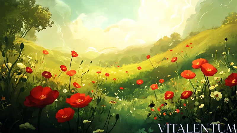 Poppy-dusted dream valley under sun-drenched summer skies.