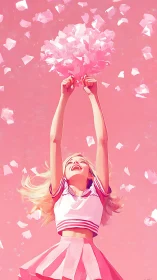 Cheerleader raises arms into falling pink confetti in joy