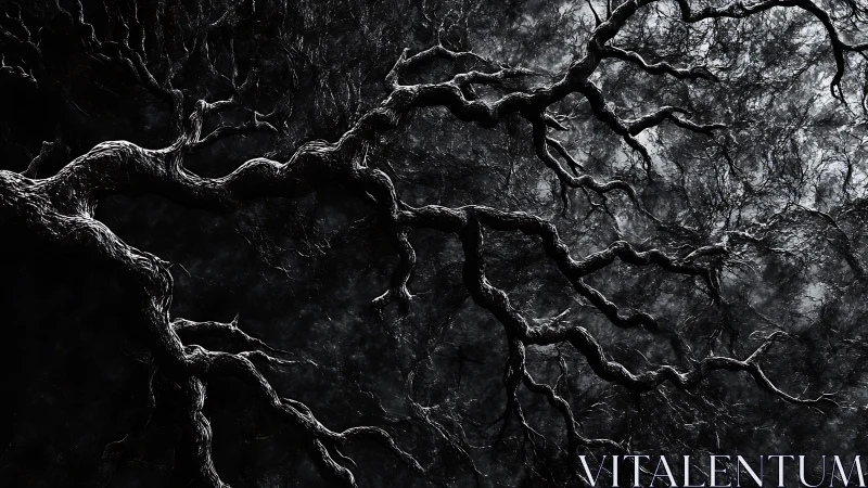 Twisted bare tree branches extend across a dark night sky