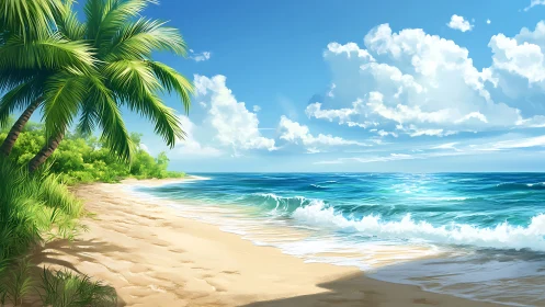 Tropical Beach Paradise with Palm Trees and Ocean Waves.