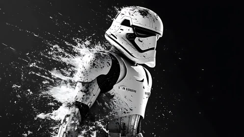 Armored sci‑fi soldier dissolves into abstract splashes.