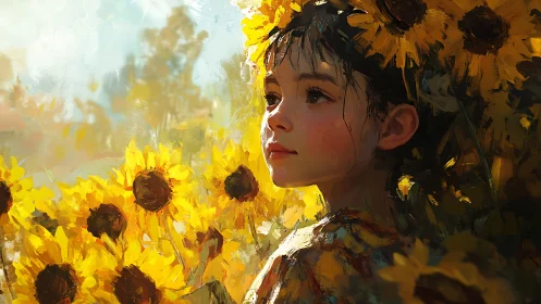 Sunlit girl among bright sunflowers in a dreamy summer field.