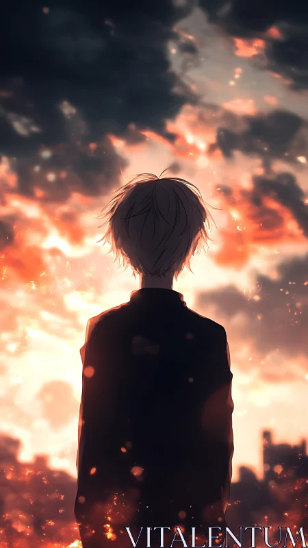 Silhouetted figure watches burning sky over distant city