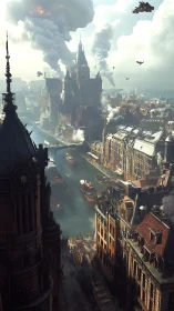 Steam-powered river city rises with ships and soaring craft