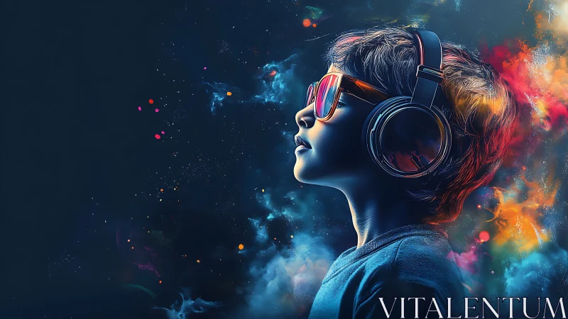 Headphoned dreamer cruising neon cosmos of sound and color.