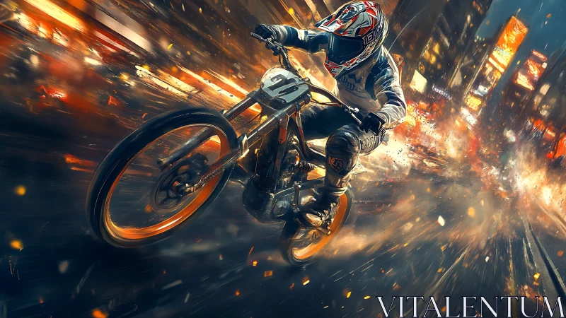 Motocross rider blasts through neon city at blazing speed.