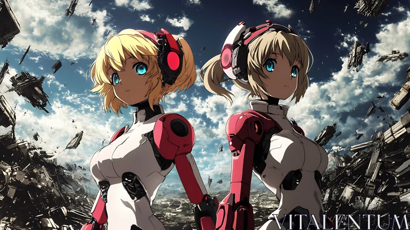 Twin android pilots stand defiant in a shattered sky battlefield