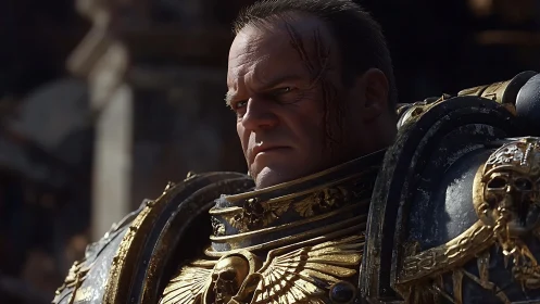 Weathered space warrior gazes ahead in ornate golden armor