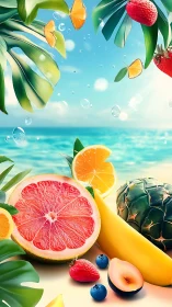 Tropical fruits and foliage are arranged before a seascape