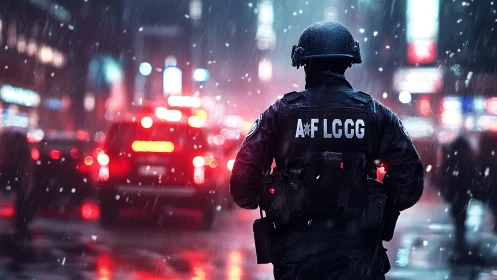 Armored police officer patrols wet city street in snowfall