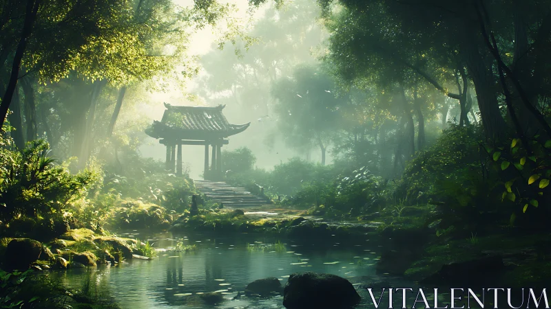 East Asian Pavilion Architecture Nested Within Temperate Forest Canopy.