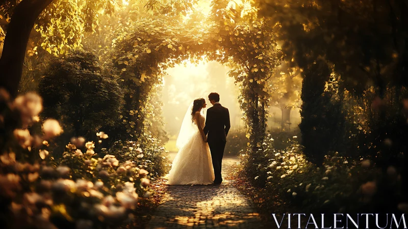 Golden garden wedding stroll under glowing archway light.