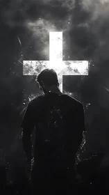 Silhouetted figure before glowing cross in stormy darkness.