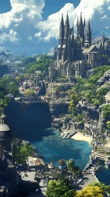 Gothic lakeside citadel with terraced fantasy harbor city