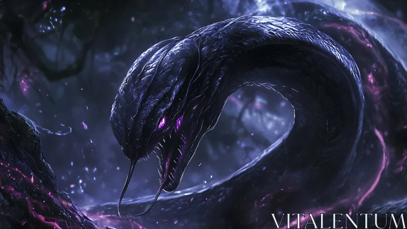 Dark serpent with glowing purple eyes in misty forest.