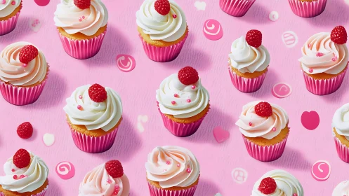 Pink-Frosted Raspberry Cupcakes Arranged in Cheerful Pattern