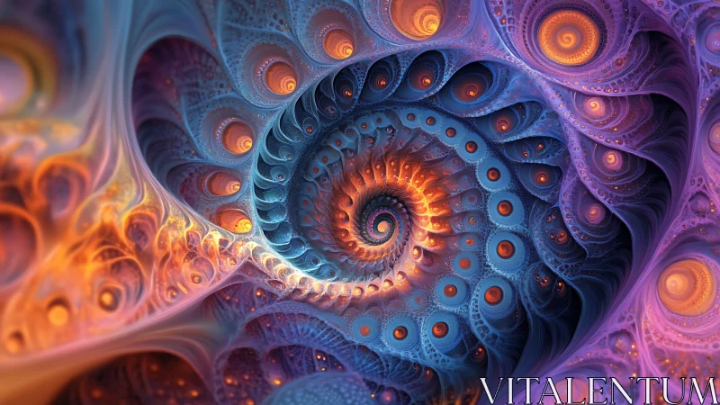 Luminous fractal spiral with radiant orange blue cores.