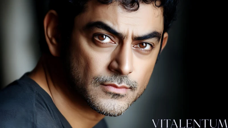 Intense brown-eyed man in dramatic close-up portrait.