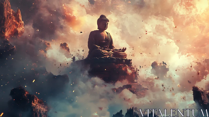 Digital painting of monumental Buddha amid celestial clouds.