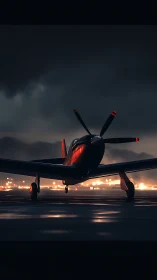 Low light propeller fighter on wet tarmac with rim lighting.