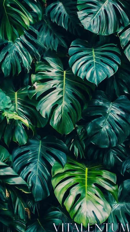Lush monstera foliage in layered emerald rainforest wall.