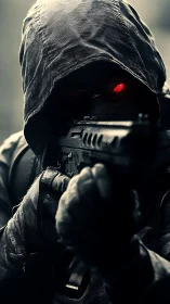 Hooded cybernetic marksman aiming tactical rifle forward