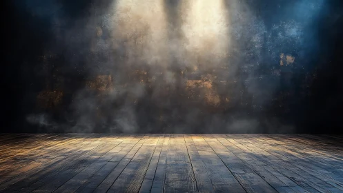 Empty wooden stage under directional spotlights in haze.