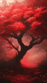 Crimson forest tree framing glowing path at dusk.