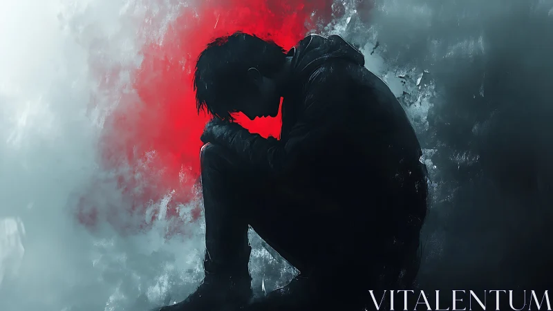 Solitary figure in shadows contemplates pain in red haze