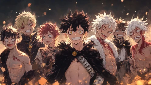 Battle-worn anime heroes stand united in ember-lit dusk.