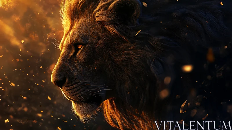 Lion profile burns through dusk embers and shadowed air.