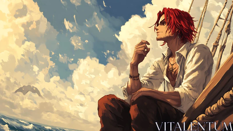 Red-haired sailor in contemplative pose under dynamic cumulus sky