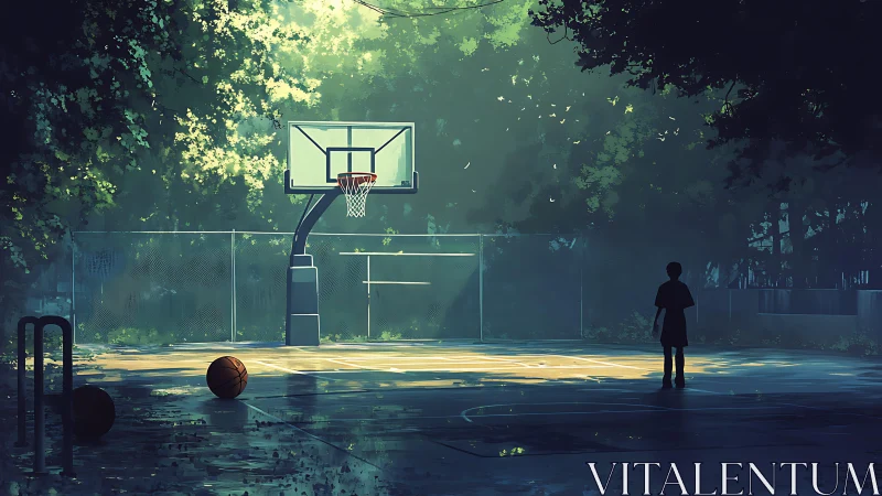 Solitary child on quiet outdoor basketball court at dusk.
