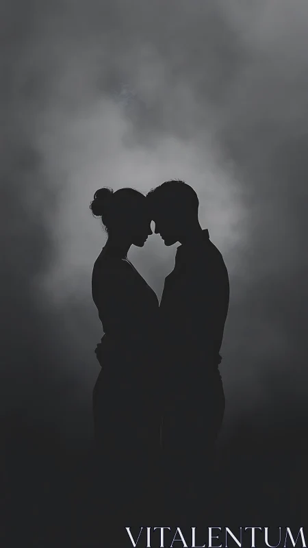 Silhouetted Couple About to Kiss Against Stormy Sky.