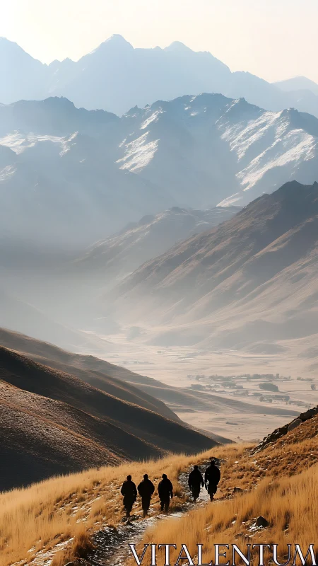 Sunlit hikers wander a golden valley beneath misty peaks