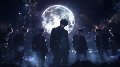 Midnight silhouettes stand united beneath a glowing cosmic moon