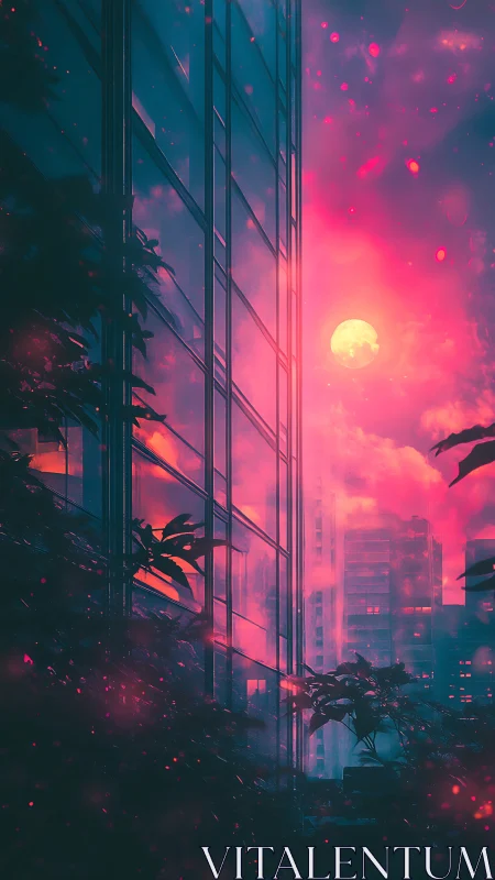 Urban glass facade with moonlit sky in magenta haze.