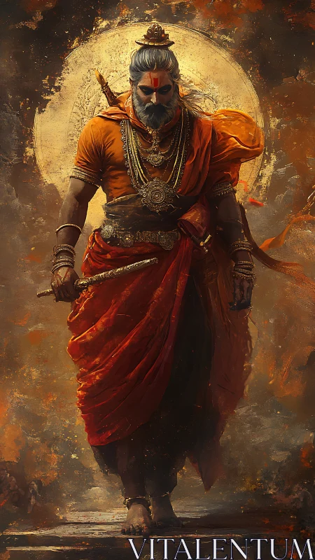 Digital painting of warrior ascetic with radiant circular halo.