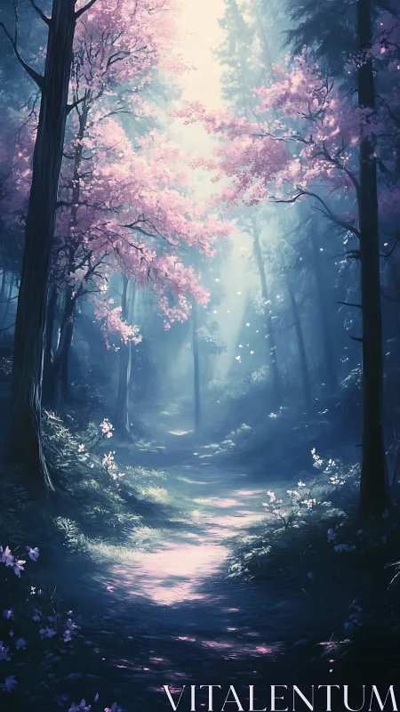 Luminous forest pathway with pink blossoms and volumetric light diffusion