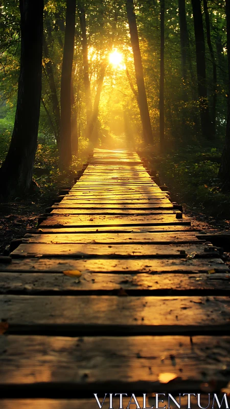 Golden Wooden Pathway Through Sunlit Forest