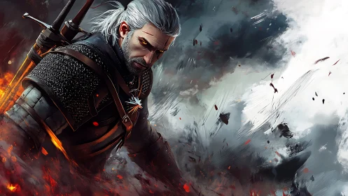 Silver haired monster hunter carves firebright arcs through chaos