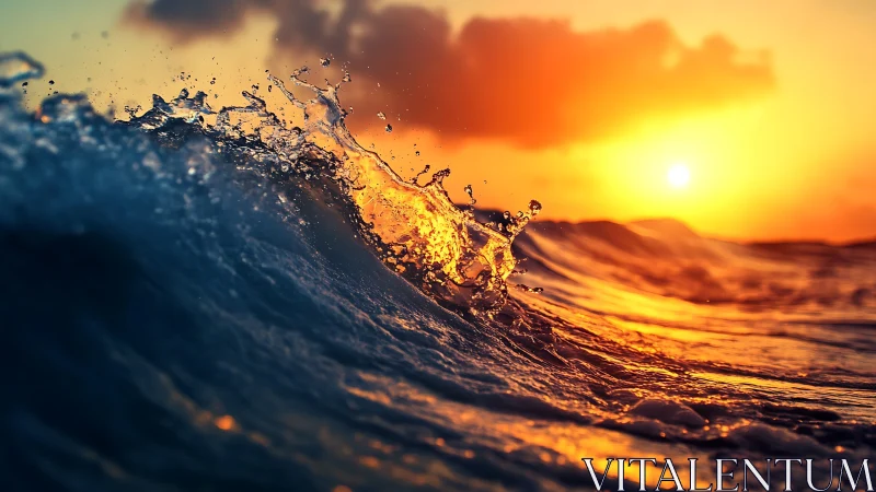 Breaking ocean wave catches blazing sunset light