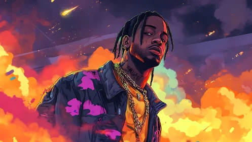 Digital portrait of man in clouds with vivid neon colors.