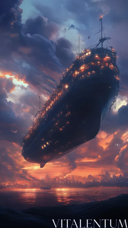 Levitating ocean liner ascends over neon-lit industrial coast