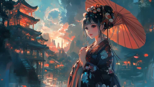 Lantern-lit riverside evening with a dreamy kimono girl.