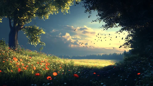 Sunlit meadow with wildflowers and distant flying birds.