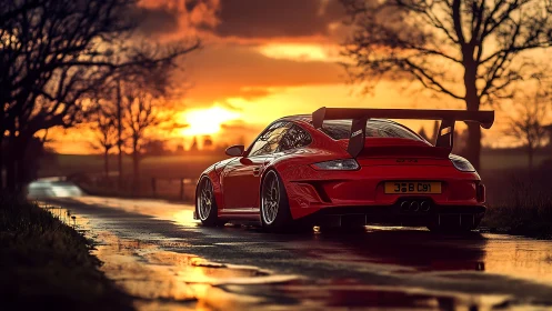 Red track-focused sports car on wet rural road at sunset.