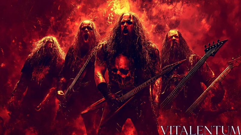 Fiery metal band unleashing raw power in glowing red haze.